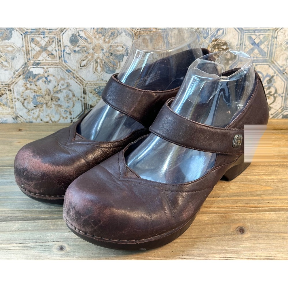 Dansko Mary Jane Clogs Leather Block Heel Shoes Womens 38 / 7.5 Brown
